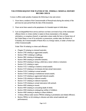 Volunteer Request for Waiver of FBI Criminal History Record Check