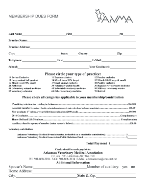 Arkansas Veterinary Medical Association Membership Dues Form