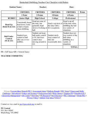 Basketball Dribbling Teacher Cue Checklist with Rubric