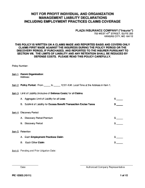 Non-Profit Management Liability Insurance Declarations