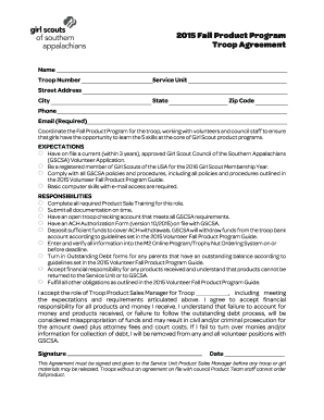 Girl Scout Troop Fall Product Program Agreement
