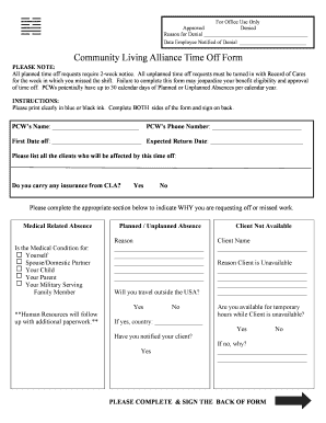 Community Living Alliance Time Off Form