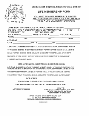 Sad Sacks Life Membership Form