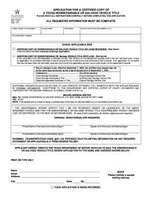 Texas Nonrepairable or Salvage Vehicle Title Application