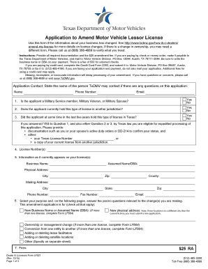 Texas Motor Vehicle Lessor License Amendment Application