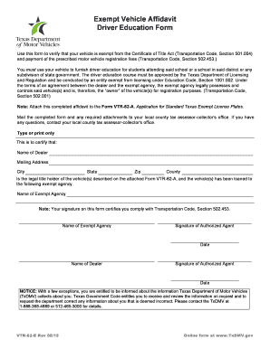 Texas Exempt Vehicle Affidavit