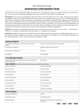 Florida Times-Union Anniversary Information Form