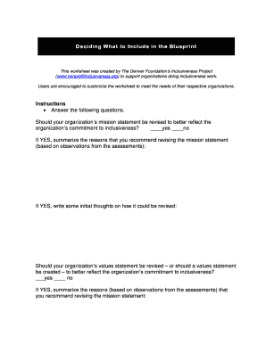 Inclusiveness Mission and Values Worksheet
