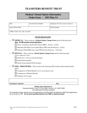 Teamsters Benefit Trust Medical/Dental Option Order Form