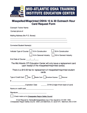 OSHA 10 & 30 Outreach Card Request Form