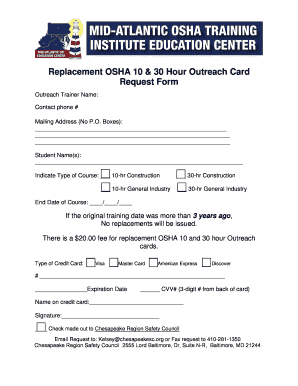 OSHA 10 & 30 Hour Outreach Card Replacement Request Form