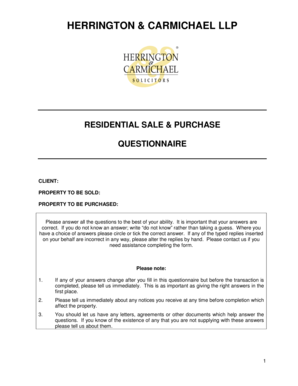Residential Sale and Purchase Questionnaire