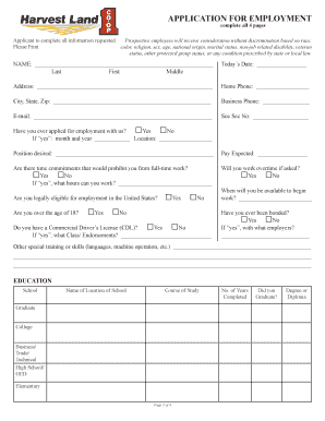 Harvest Land Co-op Employment Application