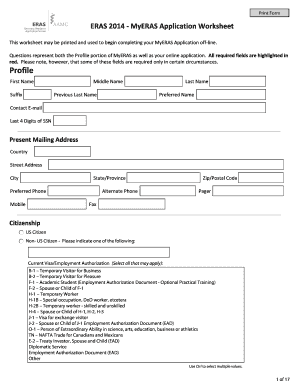 MyERAS Application Worksheet