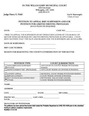 Petition to Appeal BMV Suspension and/or Request Limited Driving Privileges