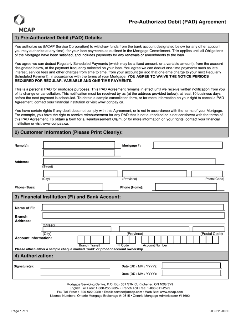 Fillable Online PreAuthorized Debit PAD Agreement PreAuthorized Debit