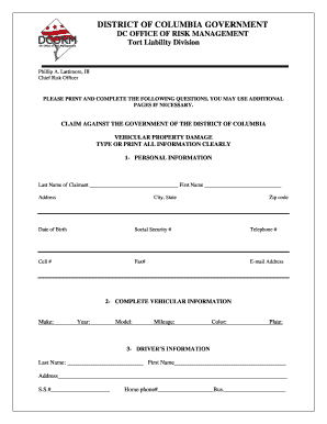 DC Government Vehicular Property Damage Claim Form