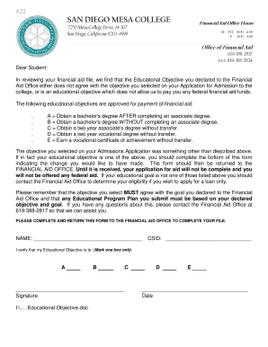 Financial Aid Educational Objective Form