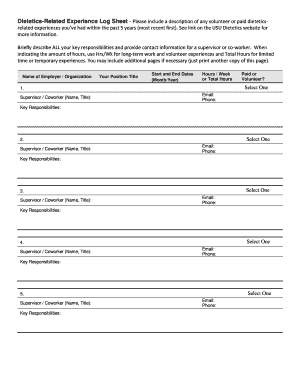 Dietetics Experience Log Sheet