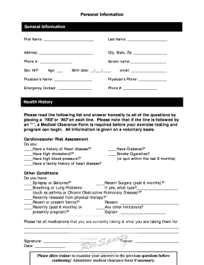 Health History and Exercise Program Form