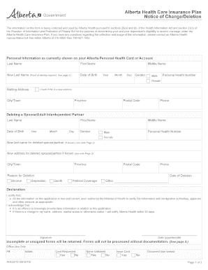 Alberta Health Care Insurance Plan Change/Deletion Notice
