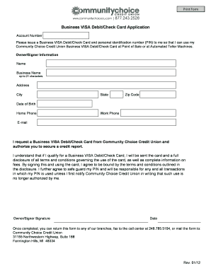 Business VISA Debit/Check Card Application