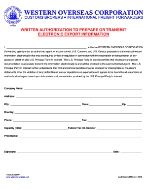 Written Authorization for Electronic Export Information