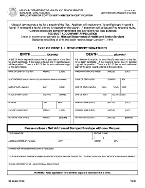 Missouri Birth or Death Certificate Application
