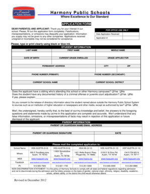 Harmony Schools Student Application Form