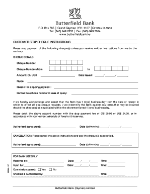 Butterfield Bank Stop Cheque Instructions