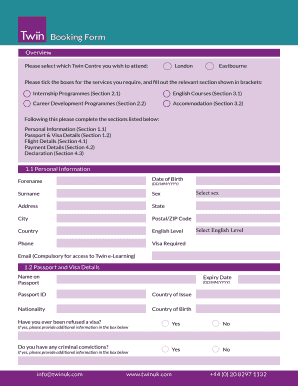 Twin Centre Booking Form