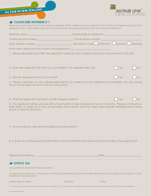 Au Pair Childcare Reference Form