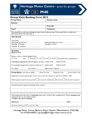 Heritage Motor Centre Group Visit Booking Form