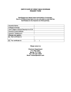 Certificate of Creditable Coverage Request Form