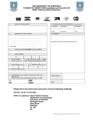 University of Sheffield Credit Card Payment Form