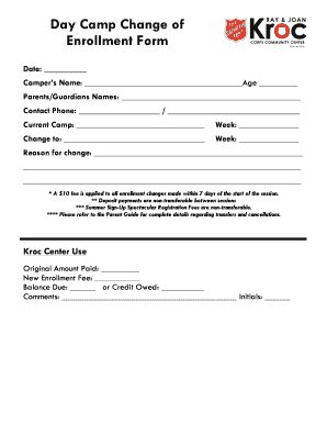 Day Camp Change of Enrollment Form