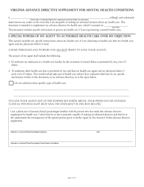 Virginia Advance Directive Supplement for Mental Health