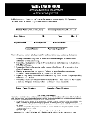 Valley Bank of Ronan Electronic Statement Authorization
