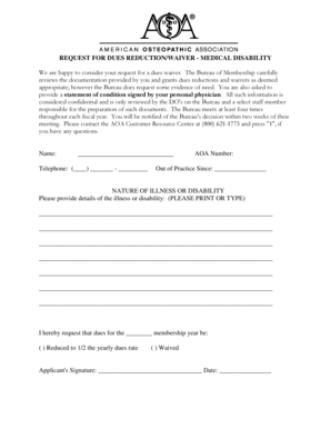 Request for Dues Reduction/Waiver - Medical Disability