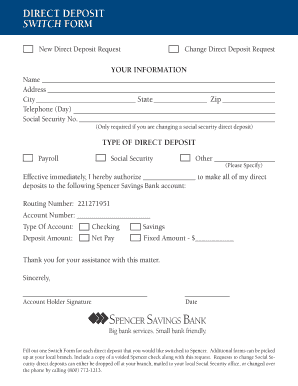 Spencer savings direct deposit required form