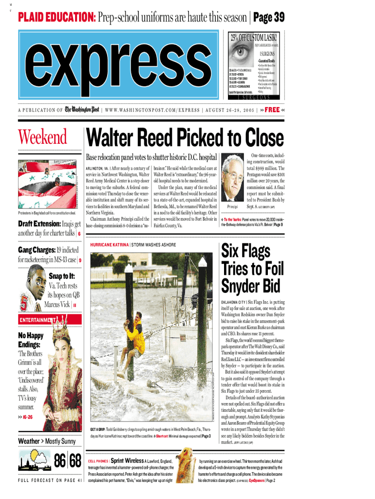 Walter Reed Picked to Close - The Washington Post Preview on Page 1