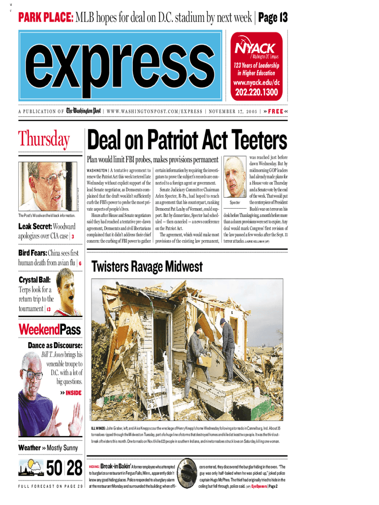 Deal on Patriot Act Teeters - Washington Post Preview on Page 1