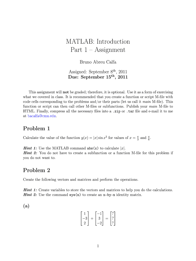 MATLAB: Introduction Part 1 Assignment - Andrew cmu - andrew cmu Preview on Page 1