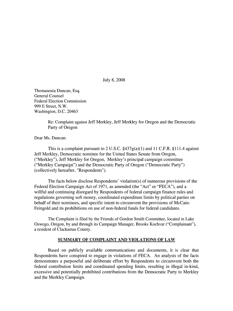 Complaint against Jeff Merkley, Jeff Merkley for Oregon and the - citizensforethics Preview on Page 1