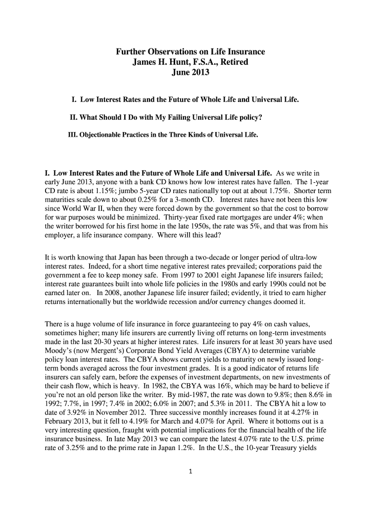Further Observations on Life Insurance James H Hunt, FSA, Retired Preview on Page 1