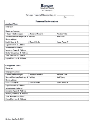 Personal Financial Statement Form - Bangor Savings Bank