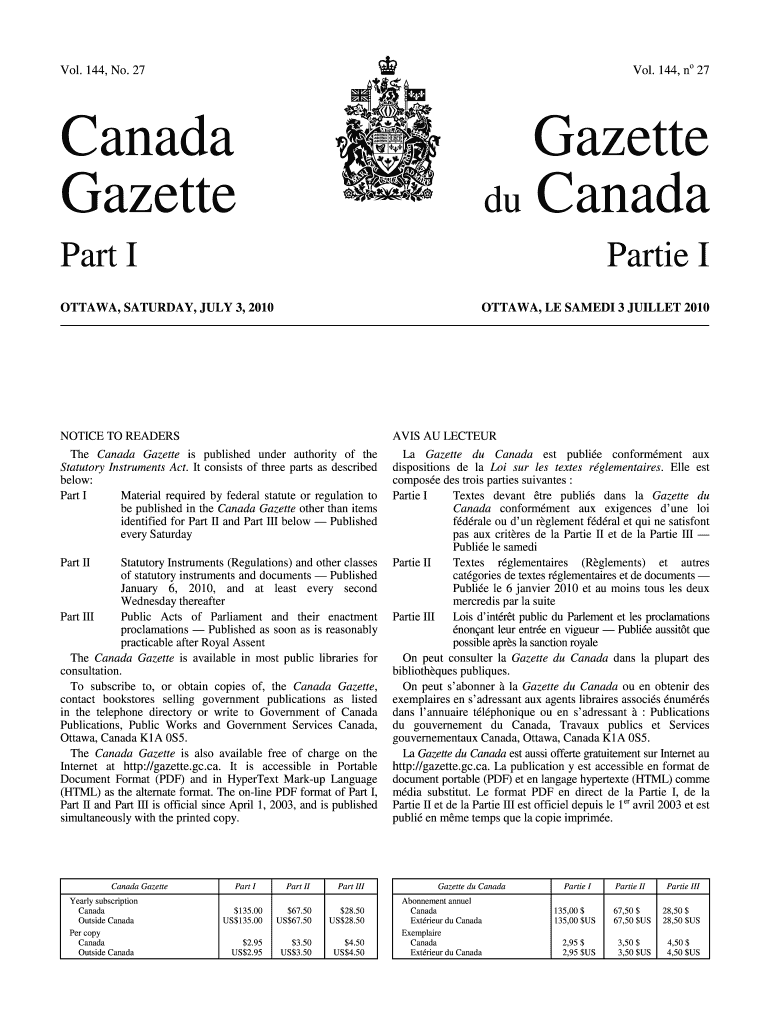 Fillable Online Canada Gazette, Part I Environnement Canada Fax Email