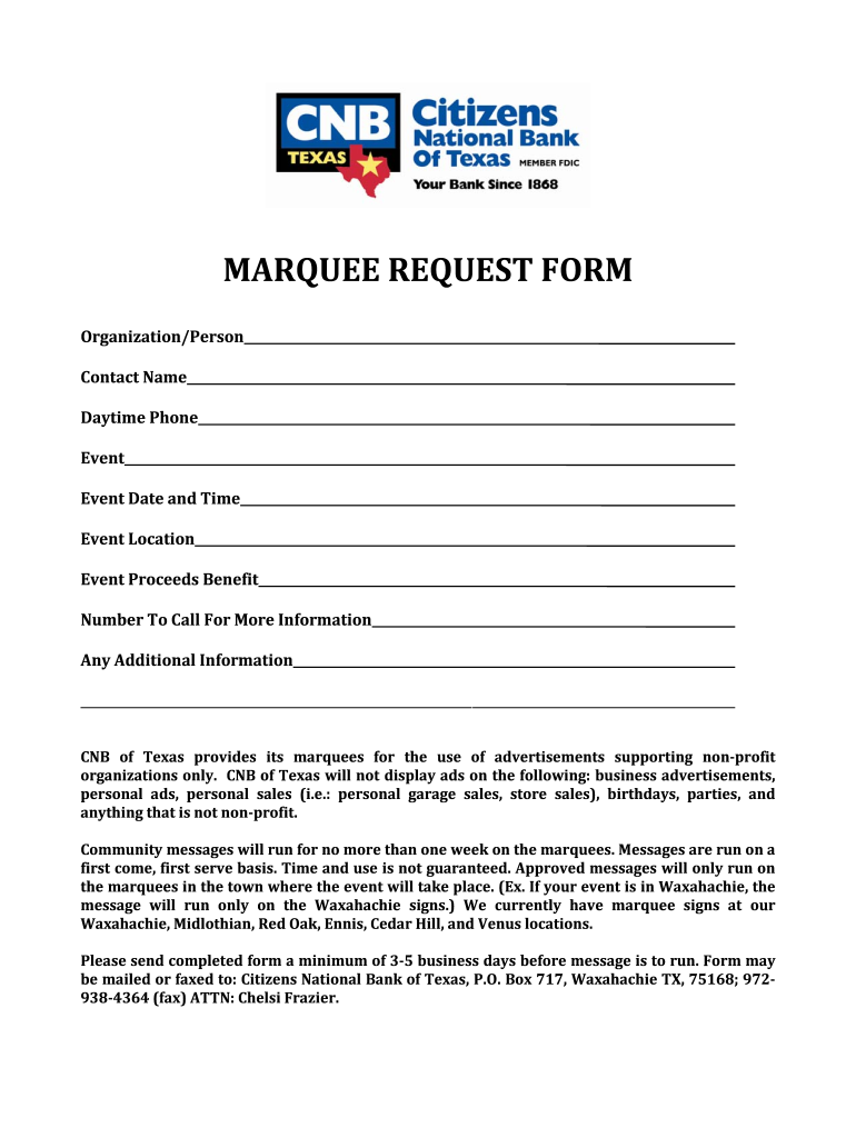 MARQUEE REQUEST FORM - Citizens National Bank Preview on Page 1