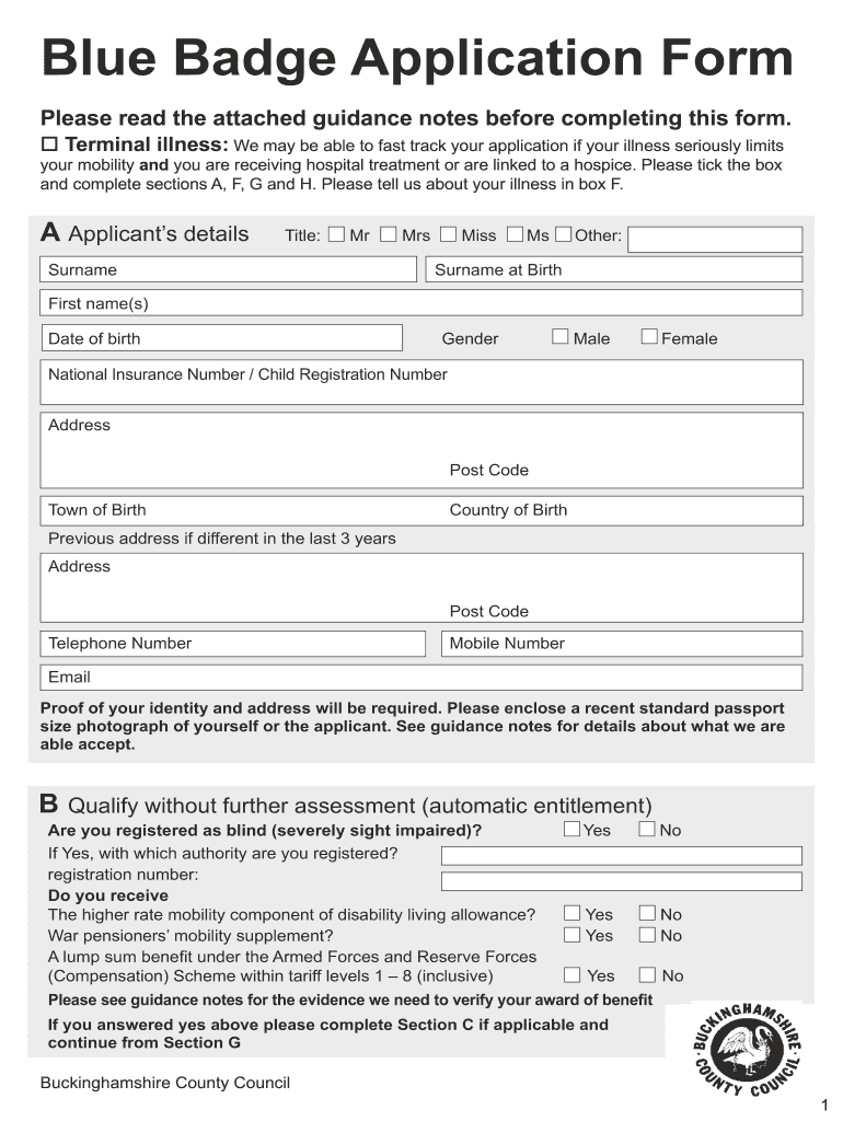 Printable Blue Badge Application Form