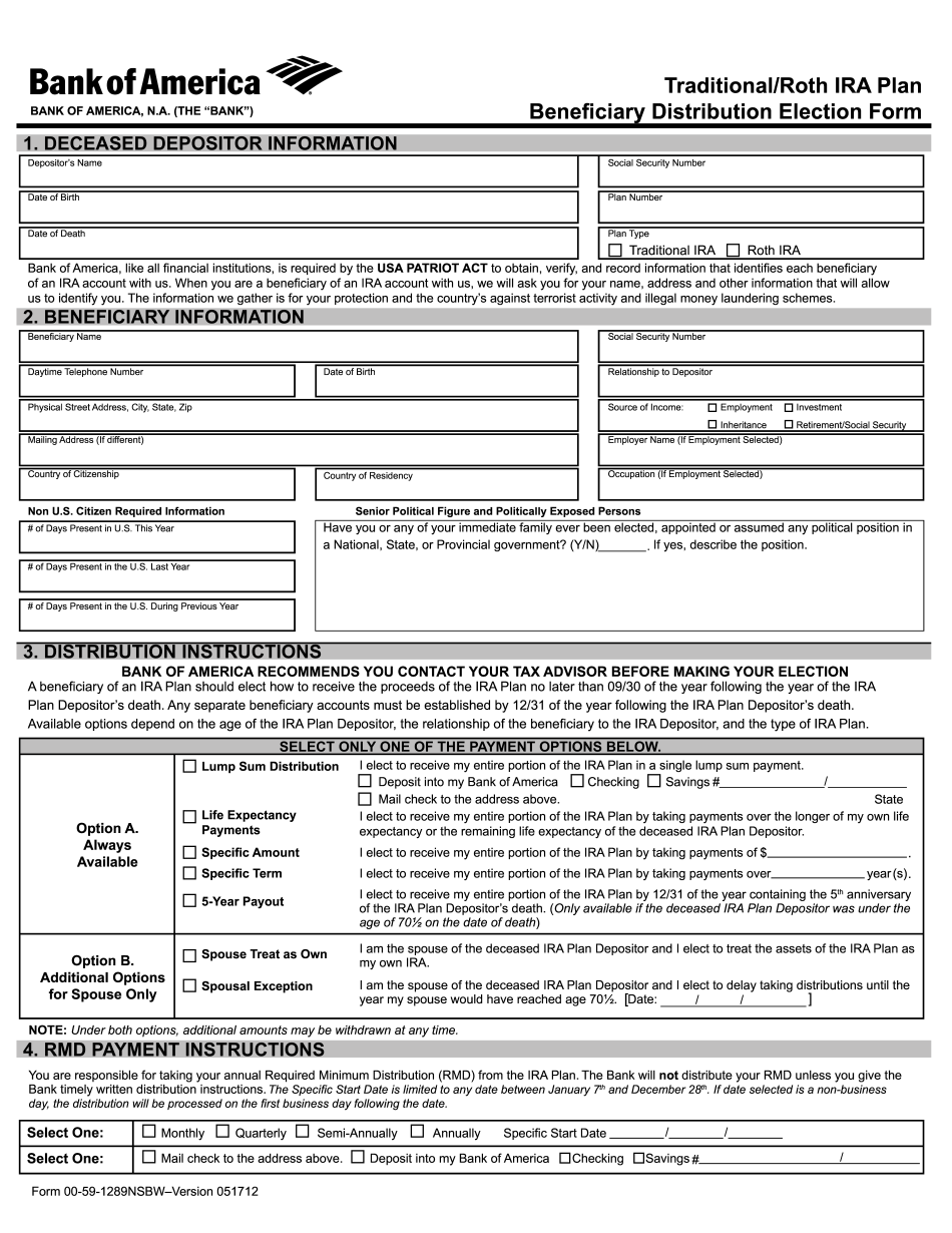 Bank Of America IRA Plan Beneficiary Form